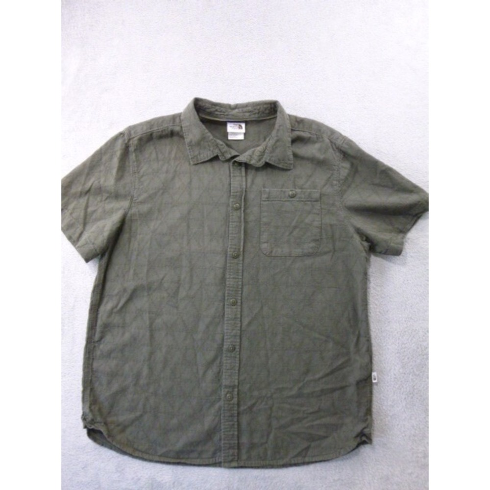 The North Face Shirt Mens L Button Up Short Sleeve Green Cotton Hemp Geometric